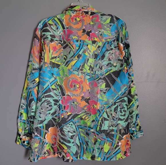 Erin London Sheer Button-Front Multicolor Print  Long-Sleeve Shirt Top. Size XL - Picture 6 of 9